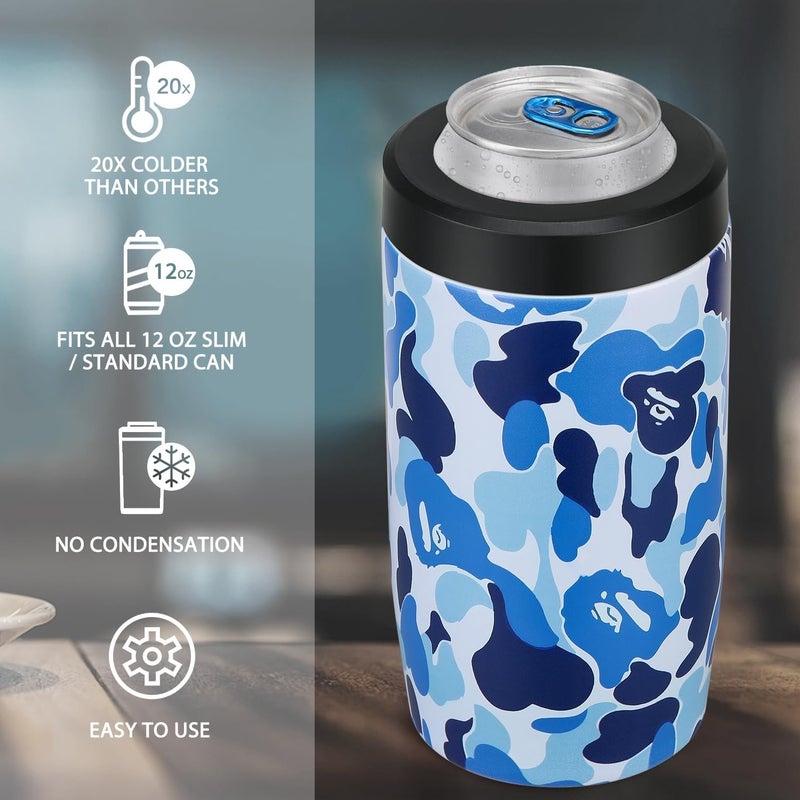 ITSLIFE 4-in-1 Slim Can Cooler Easy to Hold Insulated Beer Can Holder Double-walled Stainless Steel for All 12 Oz Cans (Camouflage Blue) - Image 3